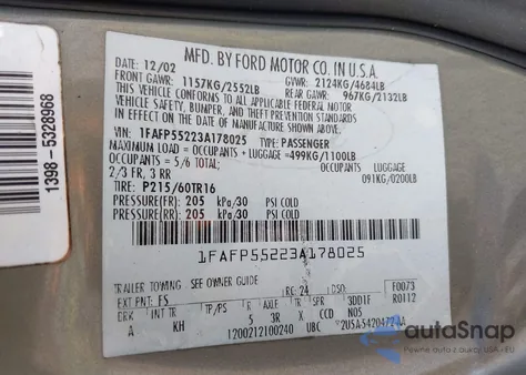 2003 Ford Taurus Ses from USA, damaged, VIN 1FAFP55223A178025